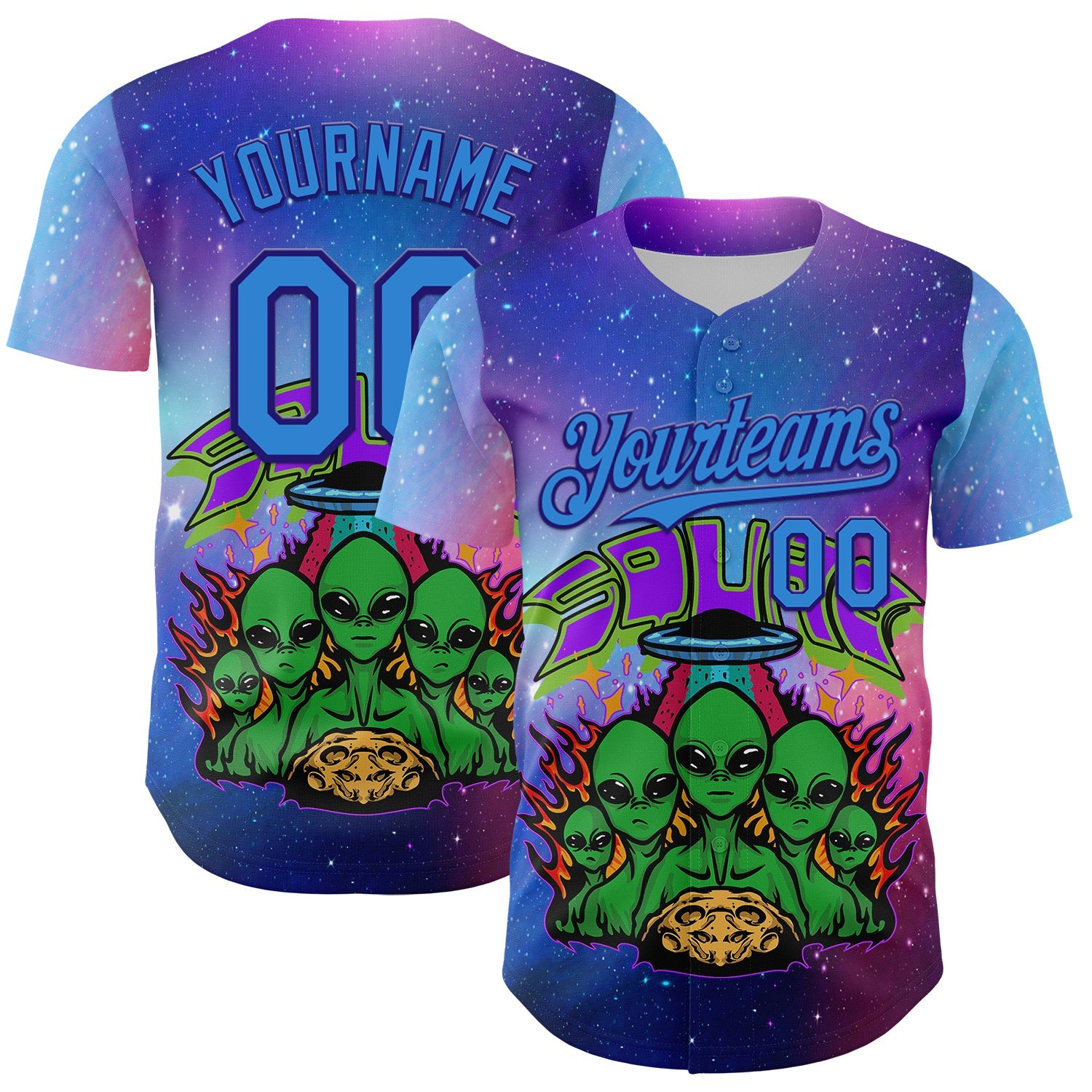 Custom Purple Electric Blue-Dark Purple Alien Family UFO Space Galaxy Flame Authentic Baseball Jersey - Main View
