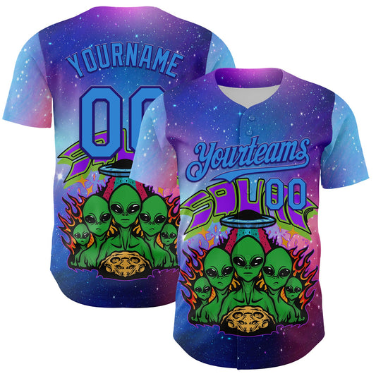 Custom Purple Electric Blue-Dark Purple Alien Family UFO Space Galaxy Flame Authentic Baseball Jersey - Main View