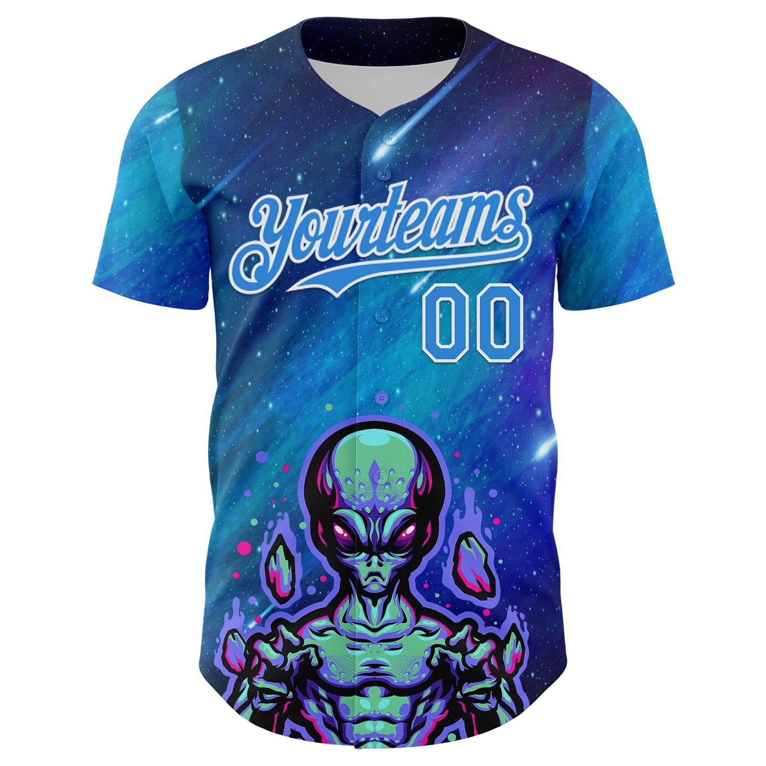 Custom Blue Electric Blue-White Alien UFO Space Galaxy Authentic Baseball Jersey view 2