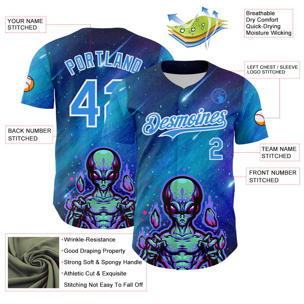 Custom Blue Electric Blue-White Alien UFO Space Galaxy Authentic Baseball Jersey view 3
