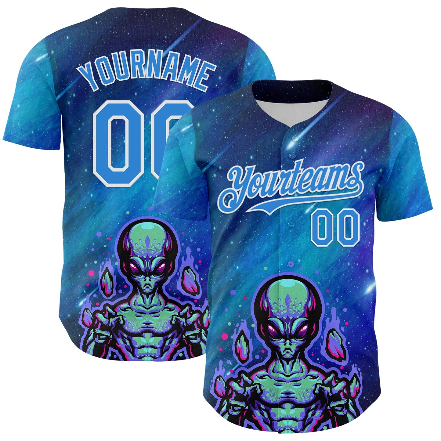 Custom Blue Electric Blue-White Alien UFO Space Galaxy Authentic Baseball Jersey - Main View