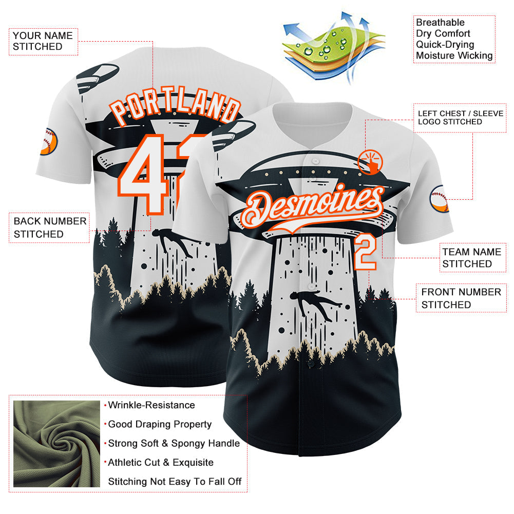 Custom White Orange-Black UFO Alien Abduction Authentic Baseball Jersey view 3