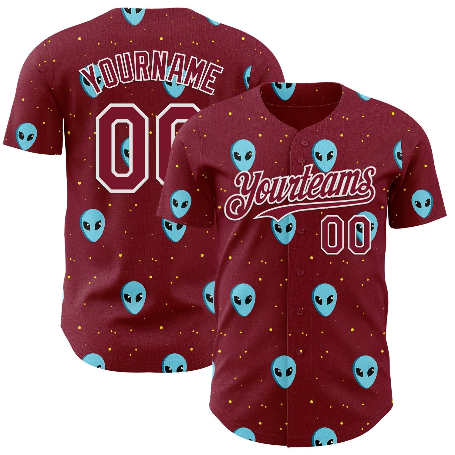Custom Crimson White Cartoon Alien Galaxy Authentic Baseball Jersey - Main View