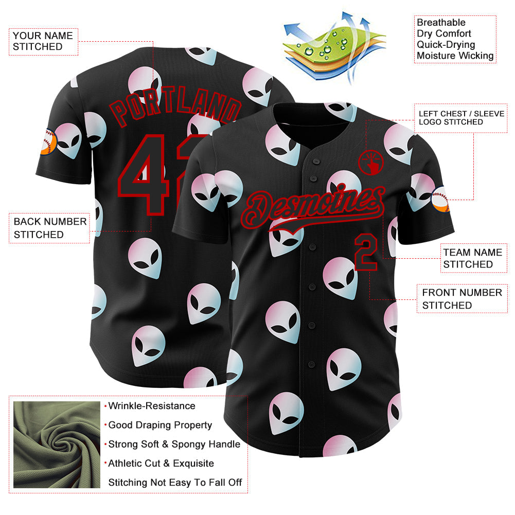 Custom Black Red Cartoon Alien Authentic Baseball Jersey view 3