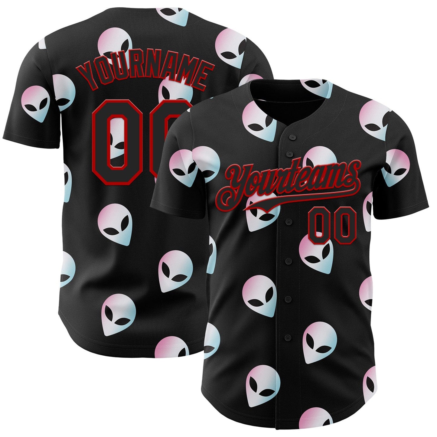 Custom Black Red Cartoon Alien Authentic Baseball Jersey - Main View
