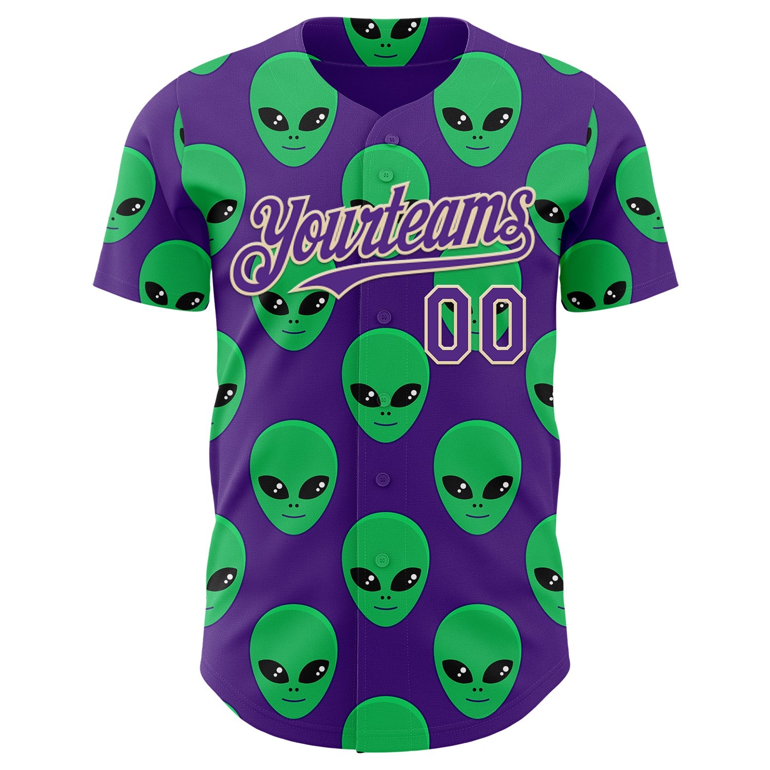 Custom Purple Green-Cream Cartoon Alien Authentic Baseball Jersey view 2