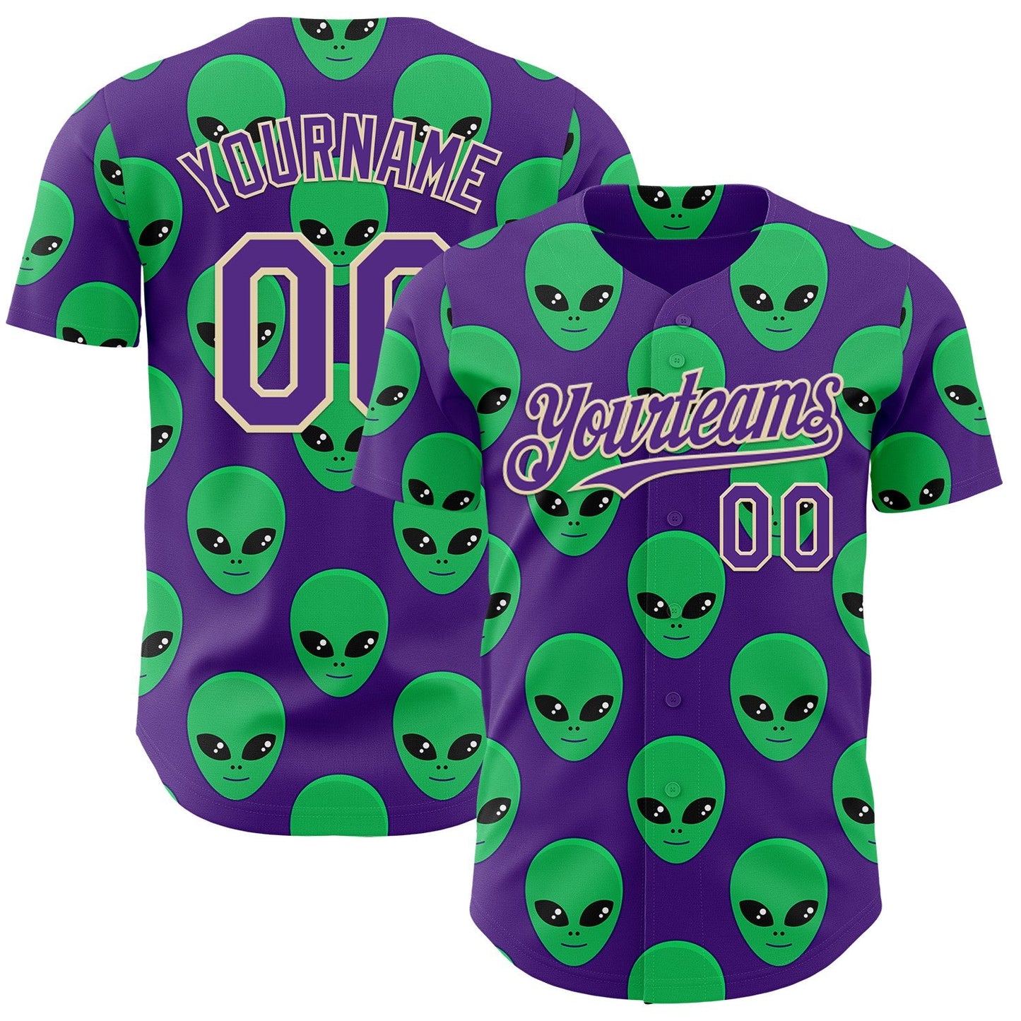 Custom Purple Green-Cream Cartoon Alien Authentic Baseball Jersey - Main View