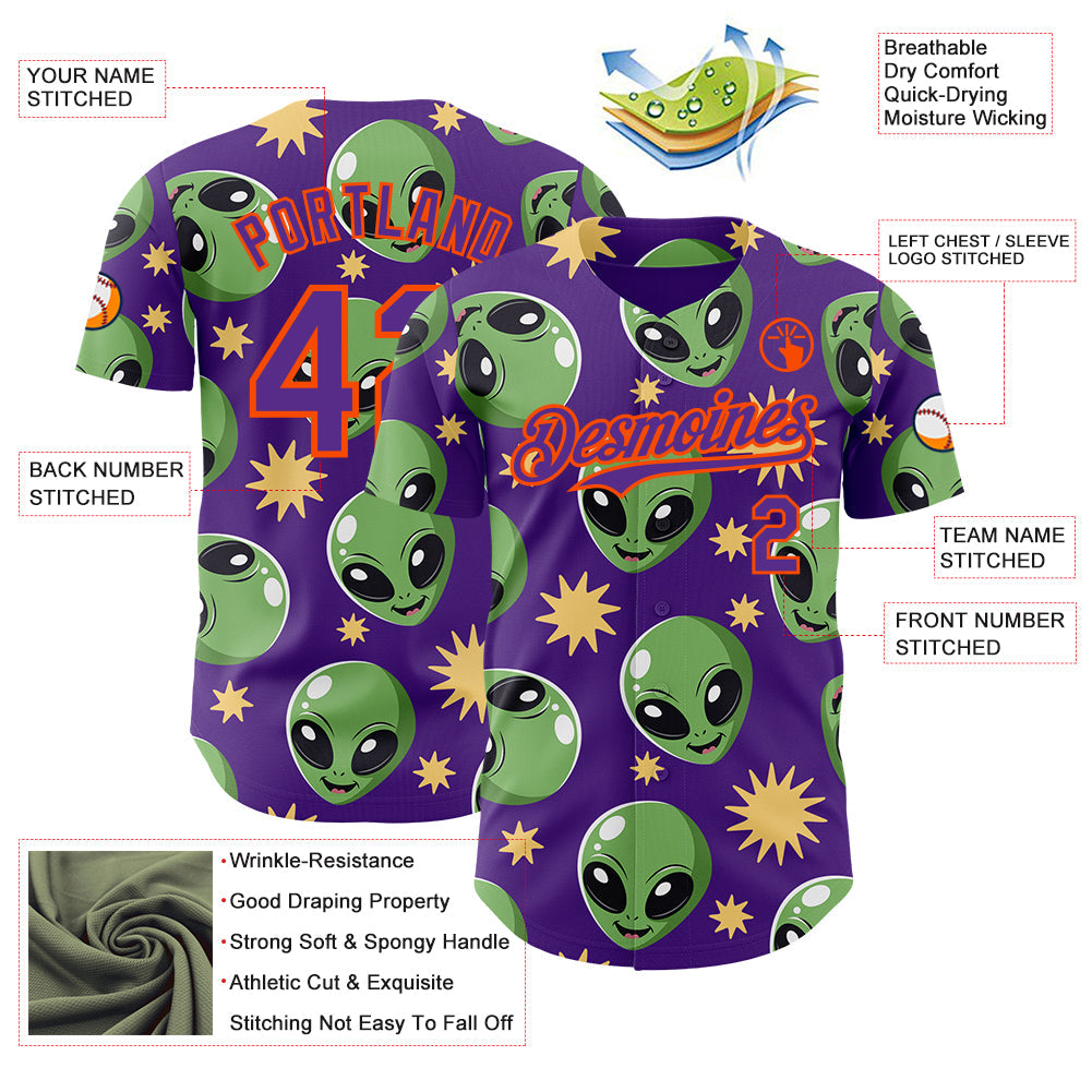 Custom Purple Green-Orange Cartoon Alien Authentic Baseball Jersey view 3