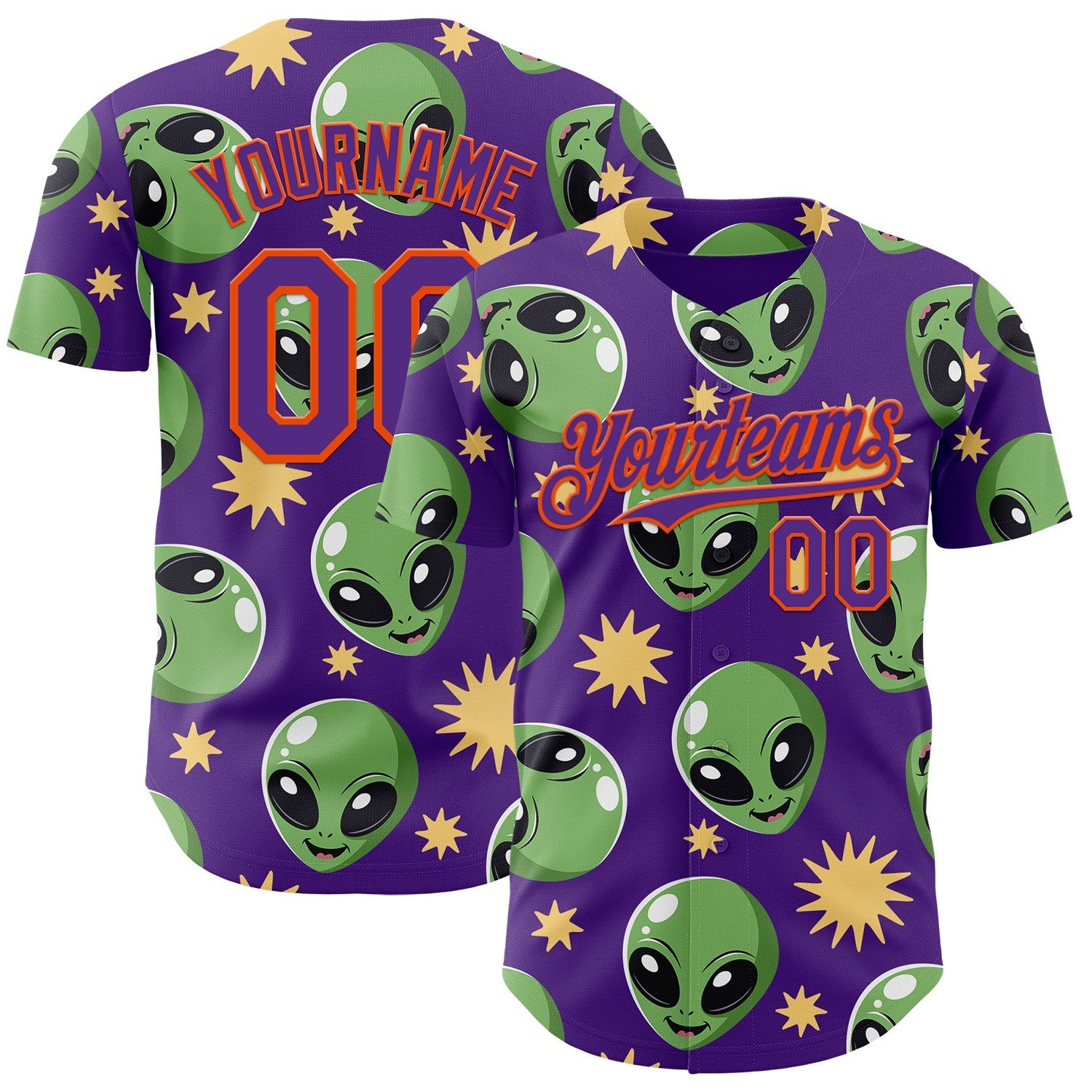 Custom Purple Green-Orange Cartoon Alien Authentic Baseball Jersey - Main View