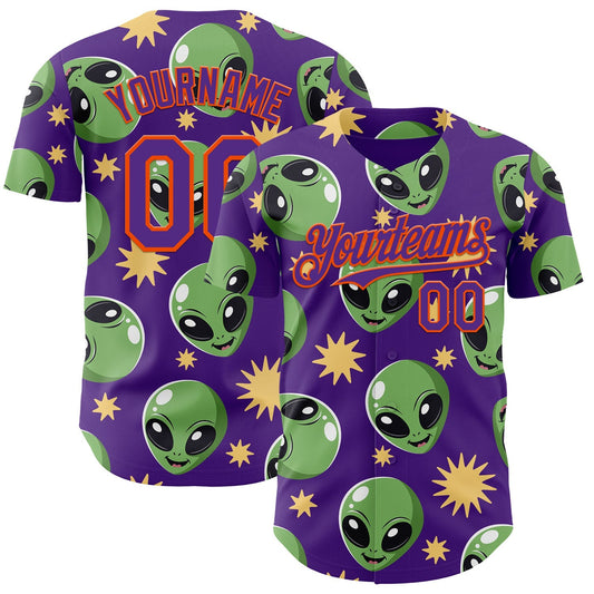 Custom Purple Green-Orange Cartoon Alien Authentic Baseball Jersey - Main View