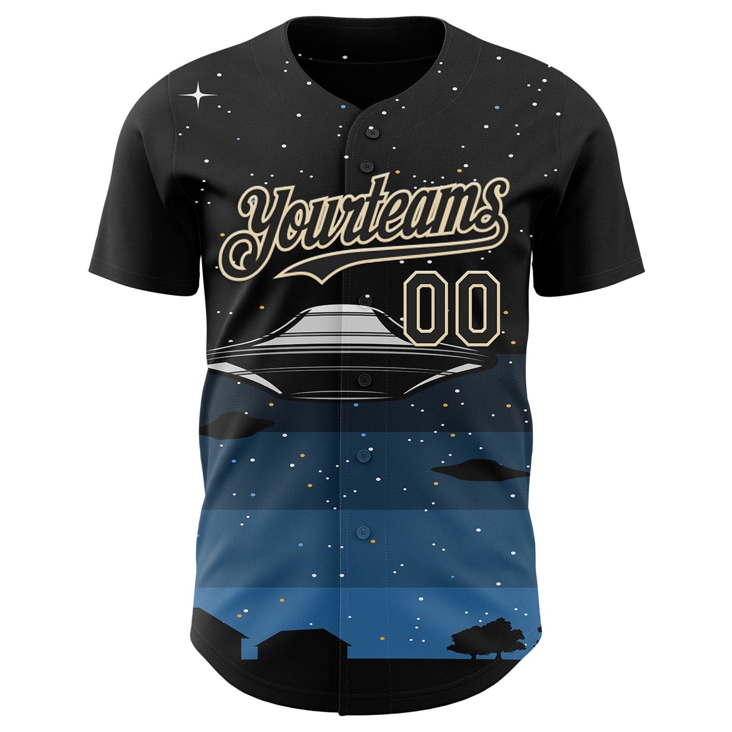 Custom Black Cream Alien UFO Galaxy Night Sky Town Authentic Baseball Jersey view 2