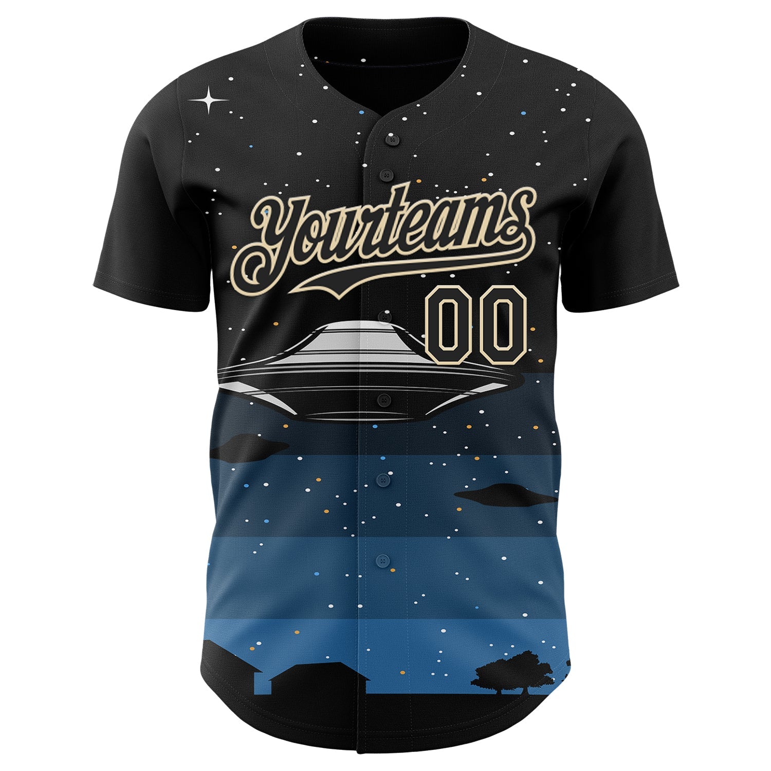 Custom Black Cream Alien UFO Galaxy Night Sky Town Authentic Baseball Jersey view 2