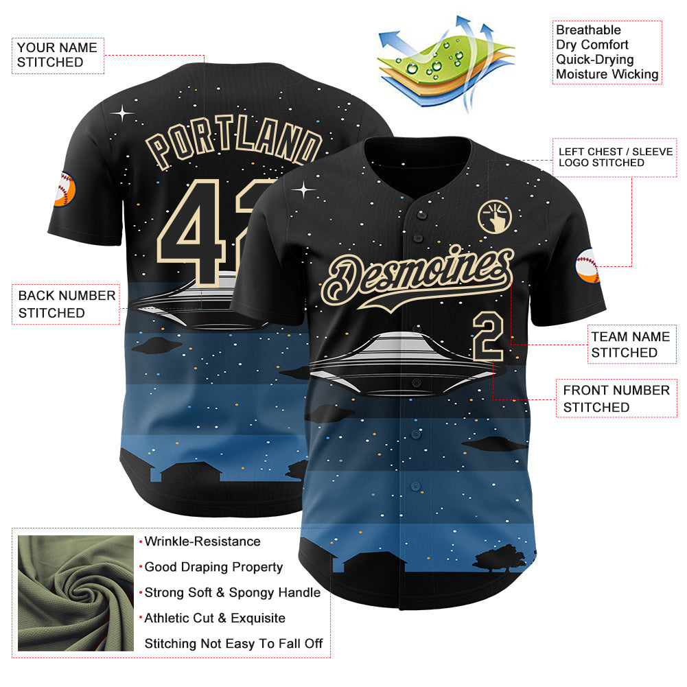 Custom Black Cream Alien UFO Galaxy Night Sky Town Authentic Baseball Jersey view 3