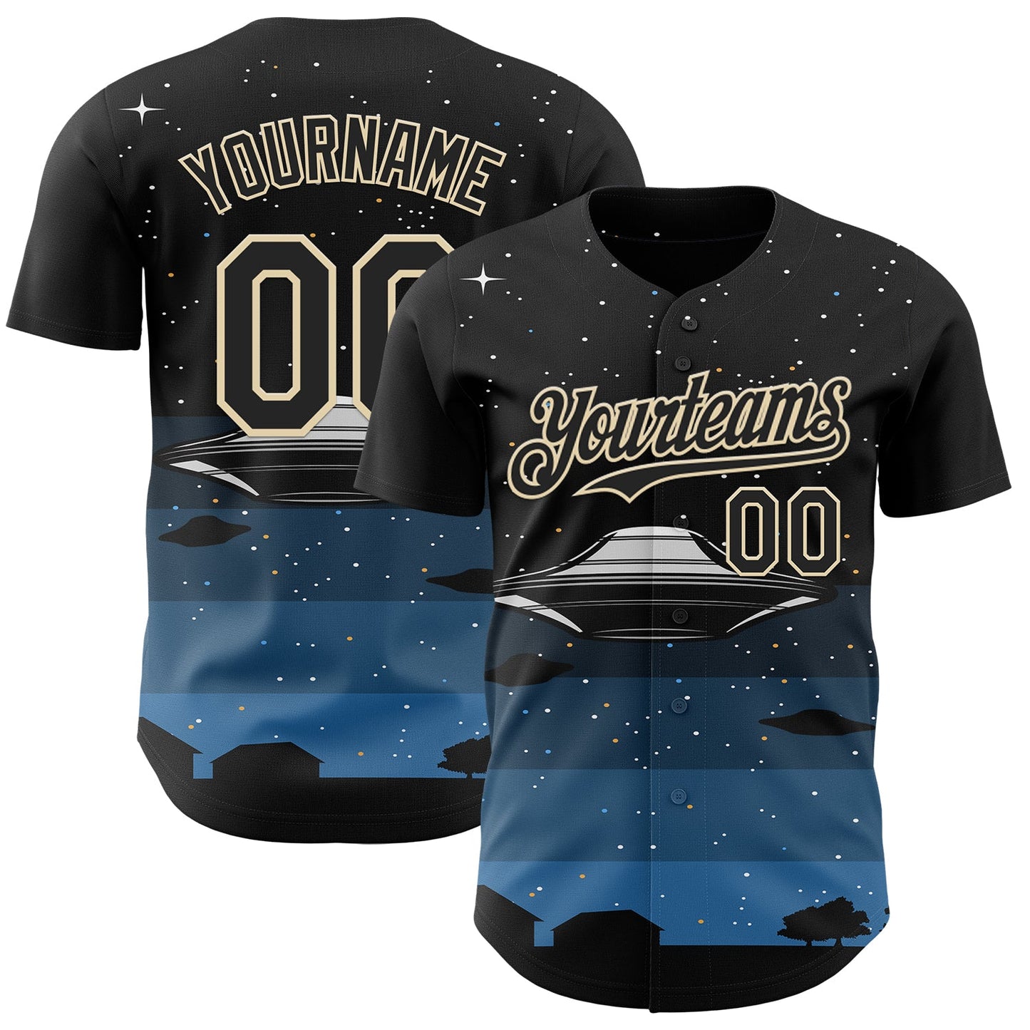 Custom Black Cream Alien UFO Galaxy Night Sky Town Authentic Baseball Jersey - Main View