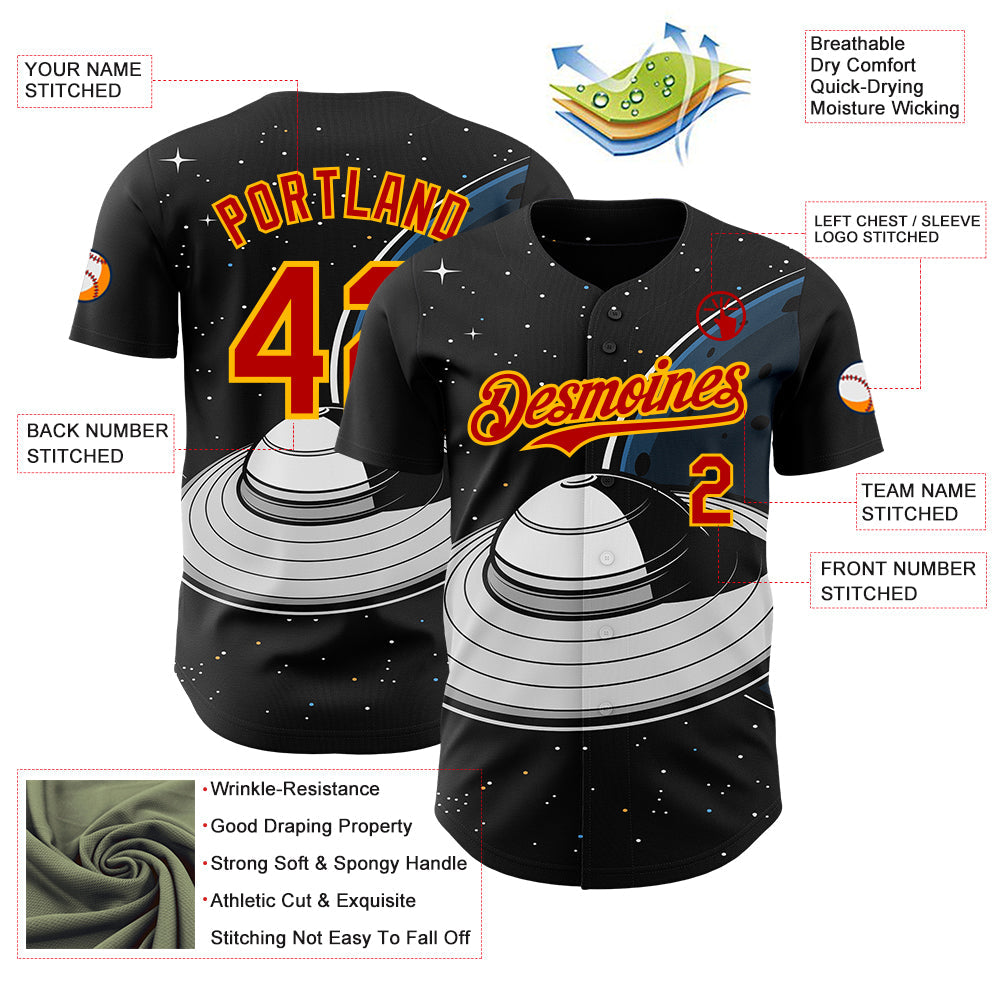 Custom Black Red-Gold Alien UFO Saucer Authentic Baseball Jersey view 3