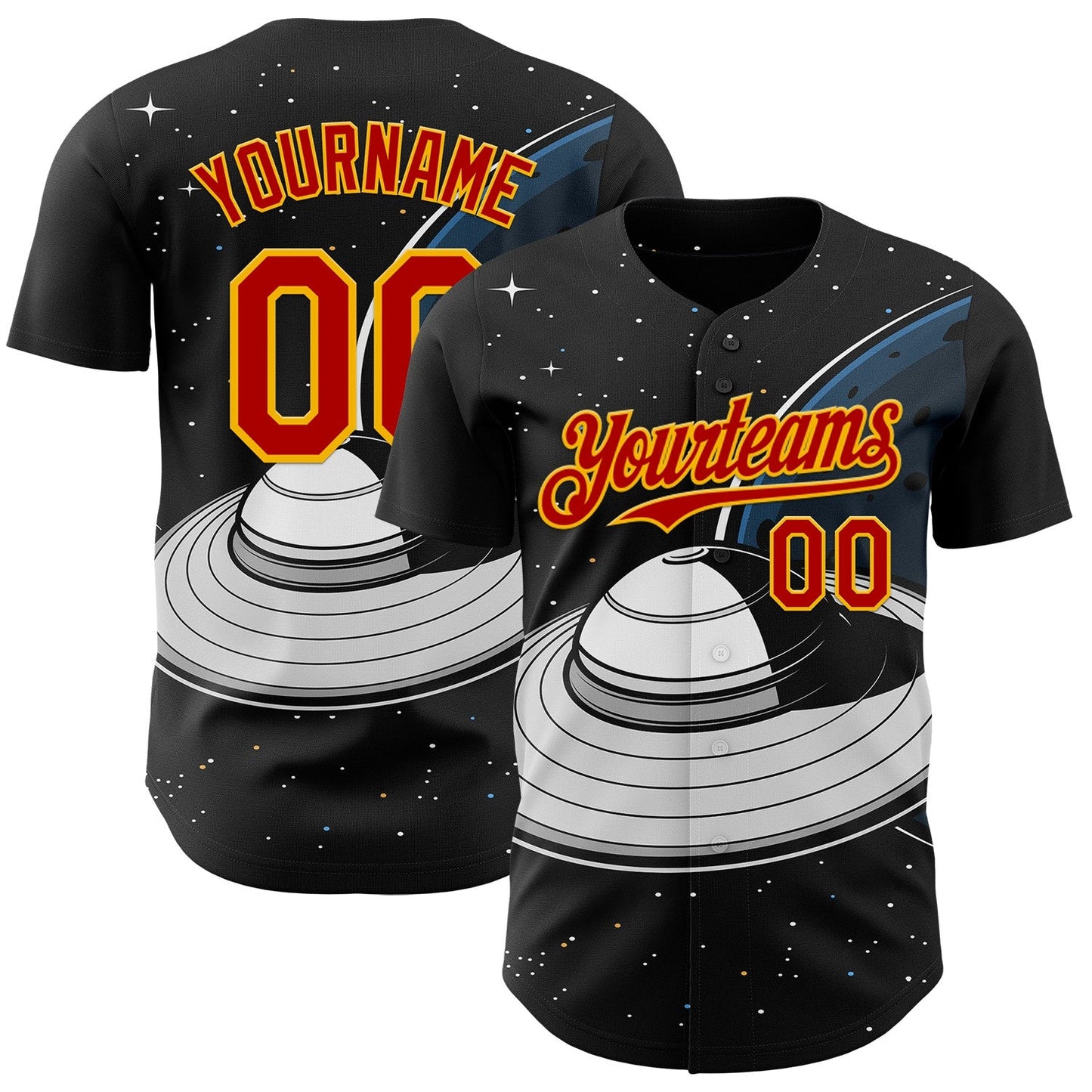 Custom Black Red-Gold Alien UFO Saucer Authentic Baseball Jersey - Main View