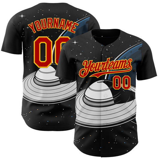 Custom Black Red-Gold Alien UFO Saucer Authentic Baseball Jersey - Main View