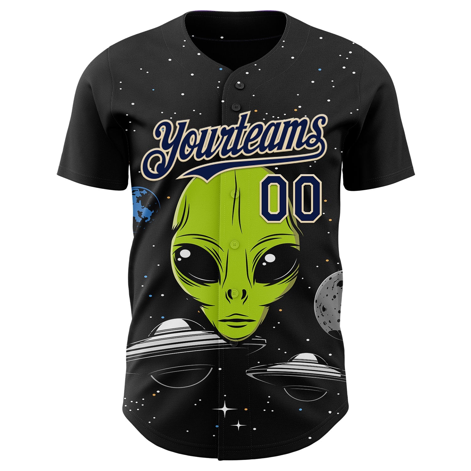 Custom Black Navy-Cream Alien UFO Galaxy Authentic Baseball Jersey view 2