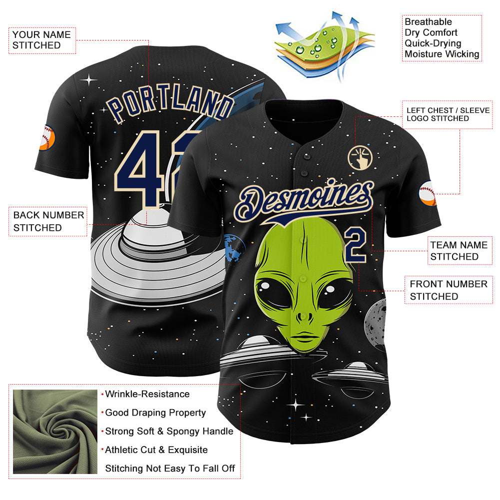 Custom Black Navy-Cream Alien UFO Galaxy Authentic Baseball Jersey view 3
