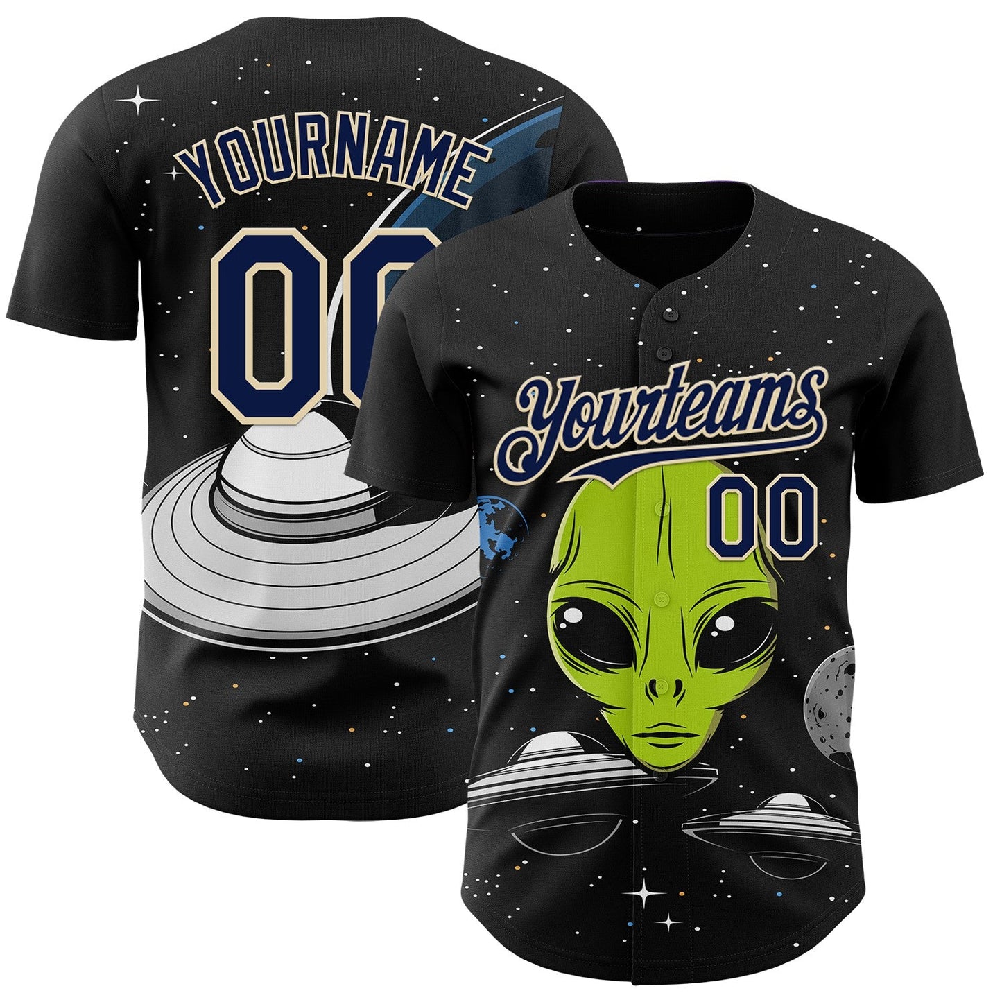Custom Black Navy-Cream Alien UFO Galaxy Authentic Baseball Jersey - Main View