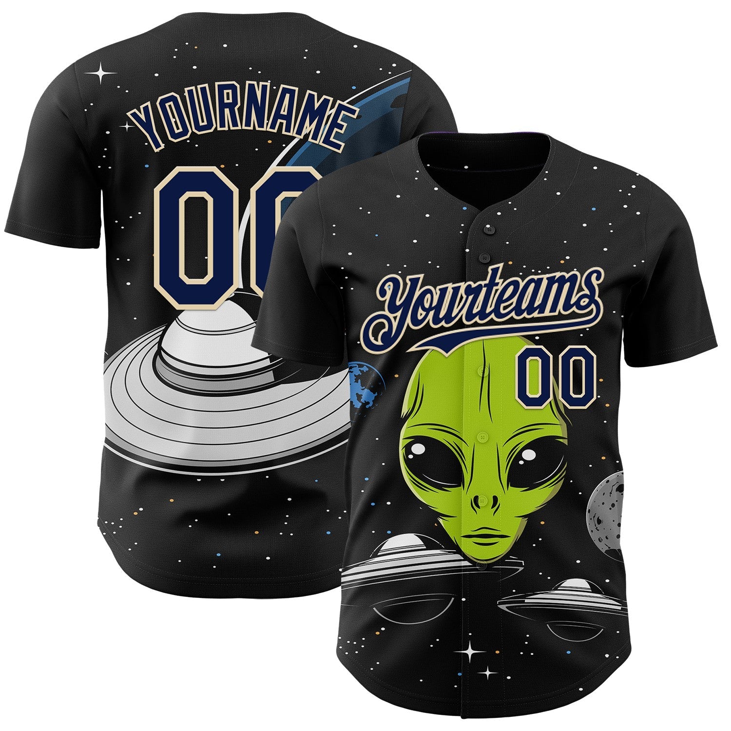 Custom Black Navy-Cream Alien UFO Galaxy Authentic Baseball Jersey - Main View