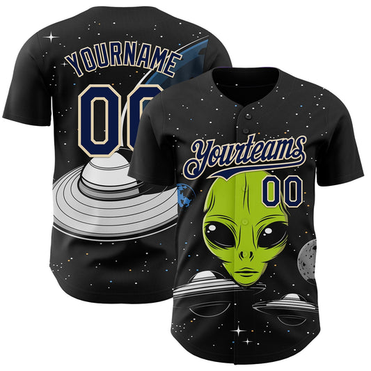 Custom Black Navy-Cream Alien UFO Galaxy Authentic Baseball Jersey - Main View