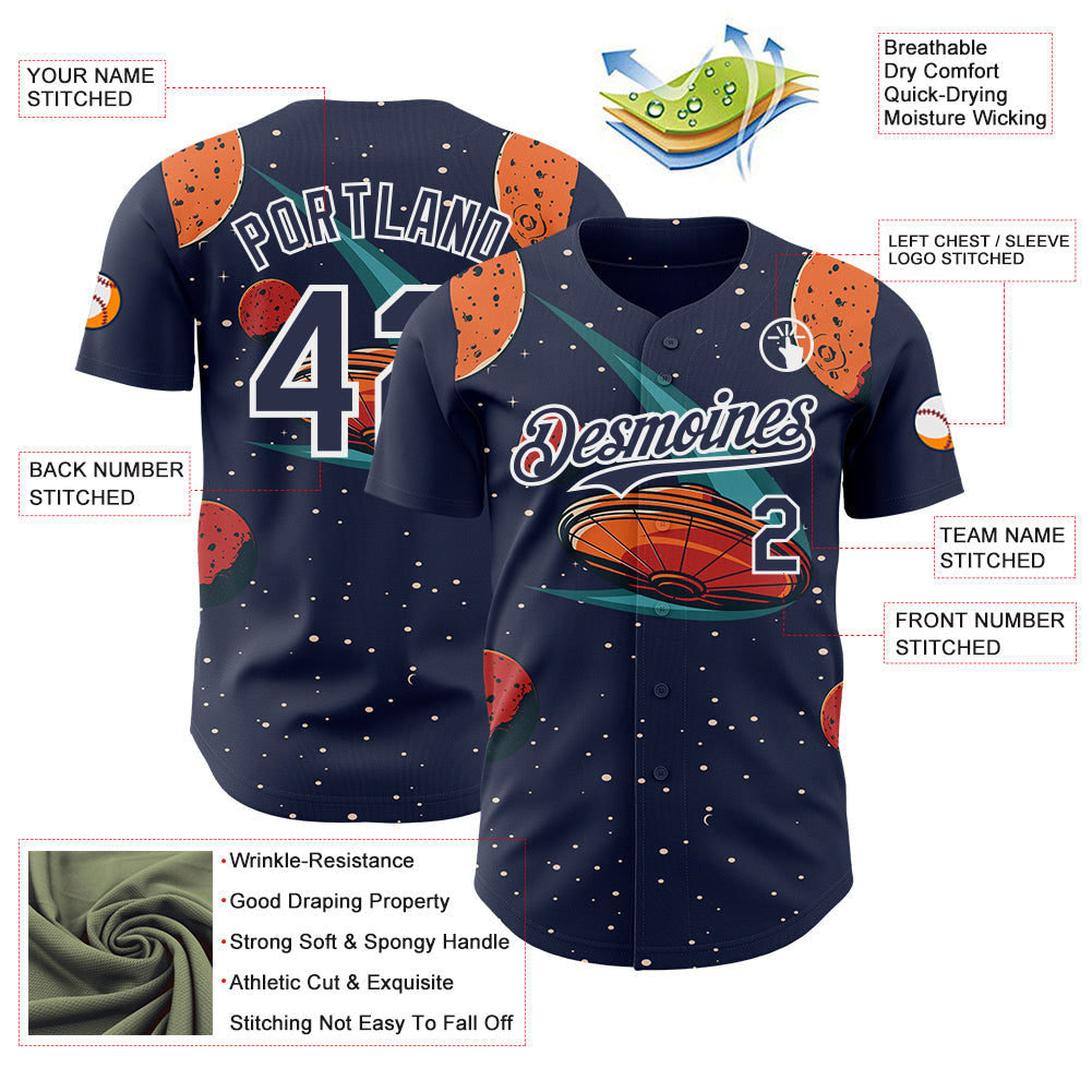 Custom Black Navy Orange-White Alien UFO Galaxy Authentic Baseball Jersey view 3