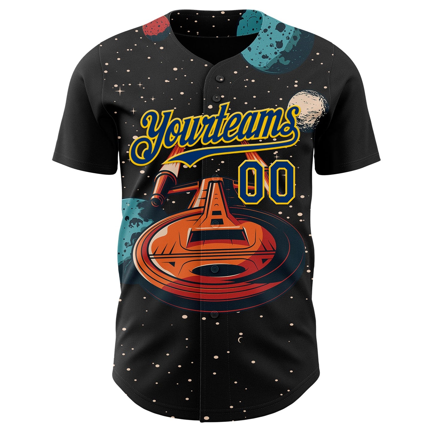 Custom Black US Navy Blue-Yellow Alien UFO Interstellar Starship Galaxy Authentic Baseball Jersey view 2
