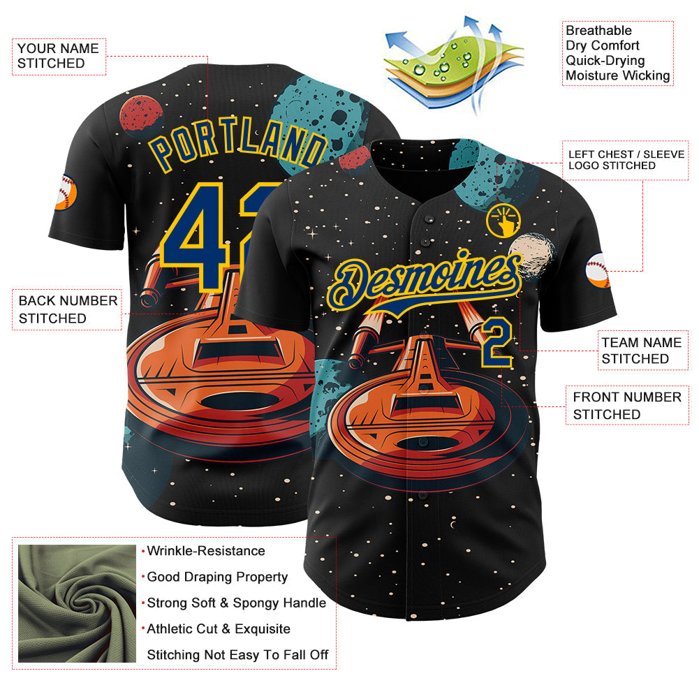 Custom Black US Navy Blue-Yellow Alien UFO Interstellar Starship Galaxy Authentic Baseball Jersey view 3