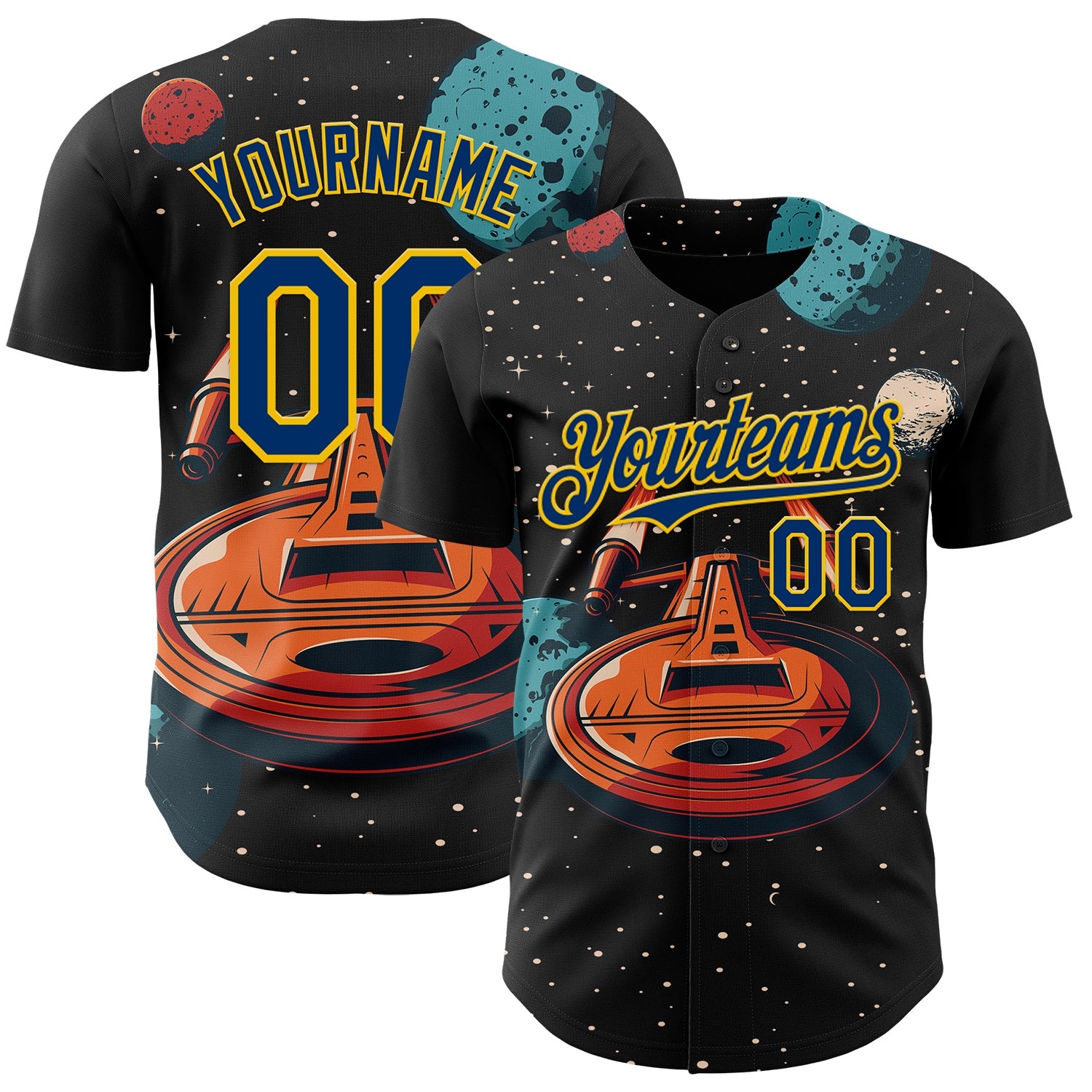 Custom Black US Navy Blue-Yellow Alien UFO Interstellar Starship Galaxy Authentic Baseball Jersey - Main View