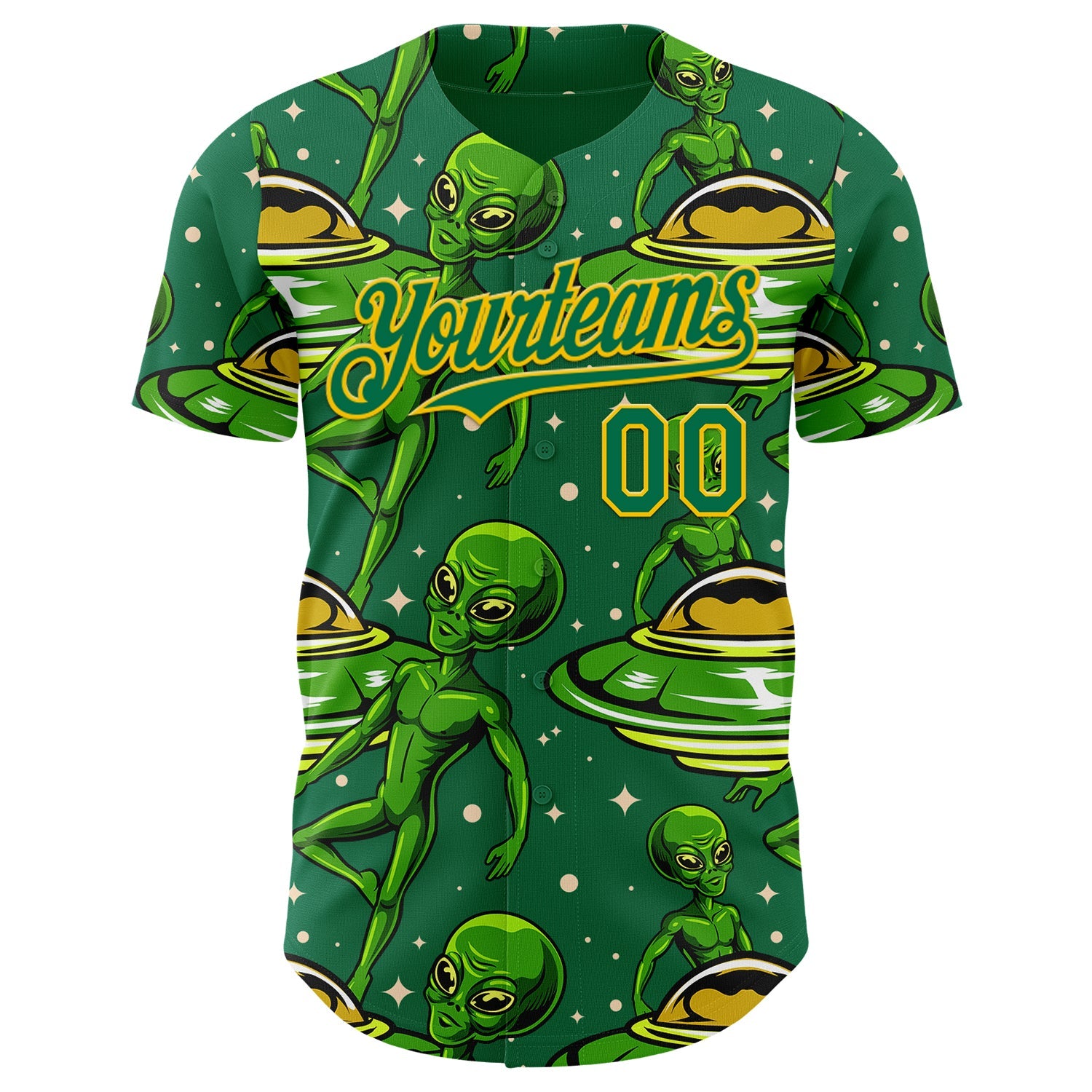 Custom Kelly Green Yellow Alien UFO Galaxy Authentic Baseball Jersey view 2