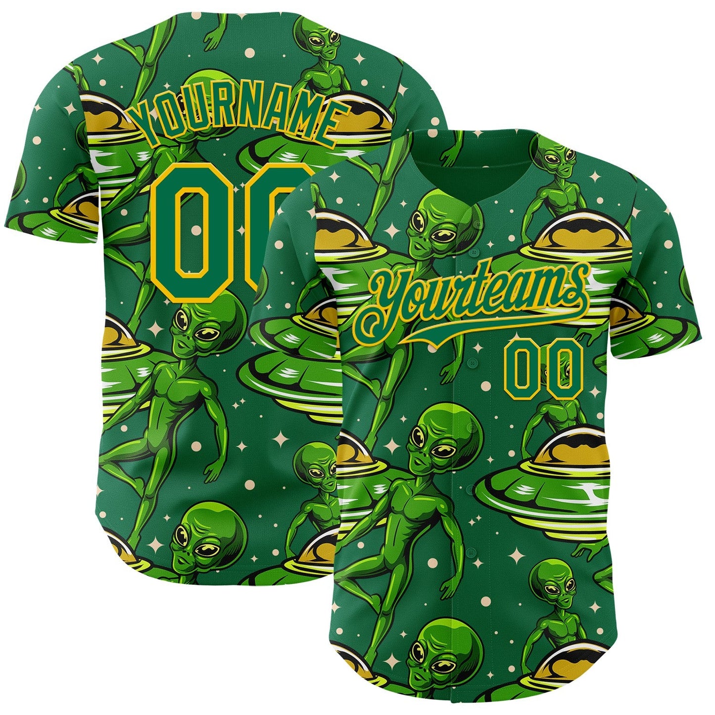 Custom Kelly Green Yellow Alien UFO Galaxy Authentic Baseball Jersey - Main View