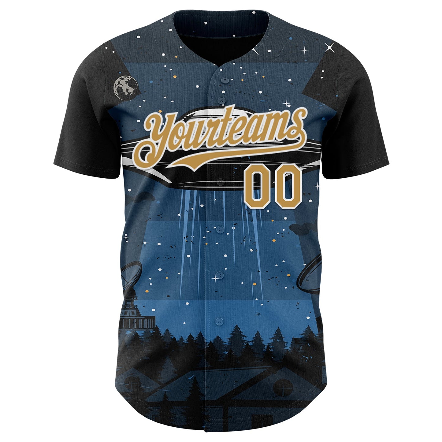 Custom Blue Old Gold Black-White Alien UFO Galaxy Authentic Baseball Jersey view 2