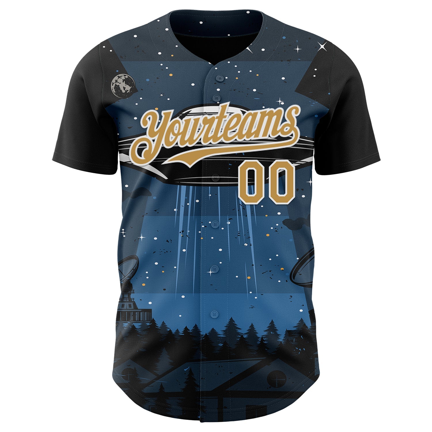 Custom Blue Old Gold Black-White Alien UFO Galaxy Authentic Baseball Jersey view 2