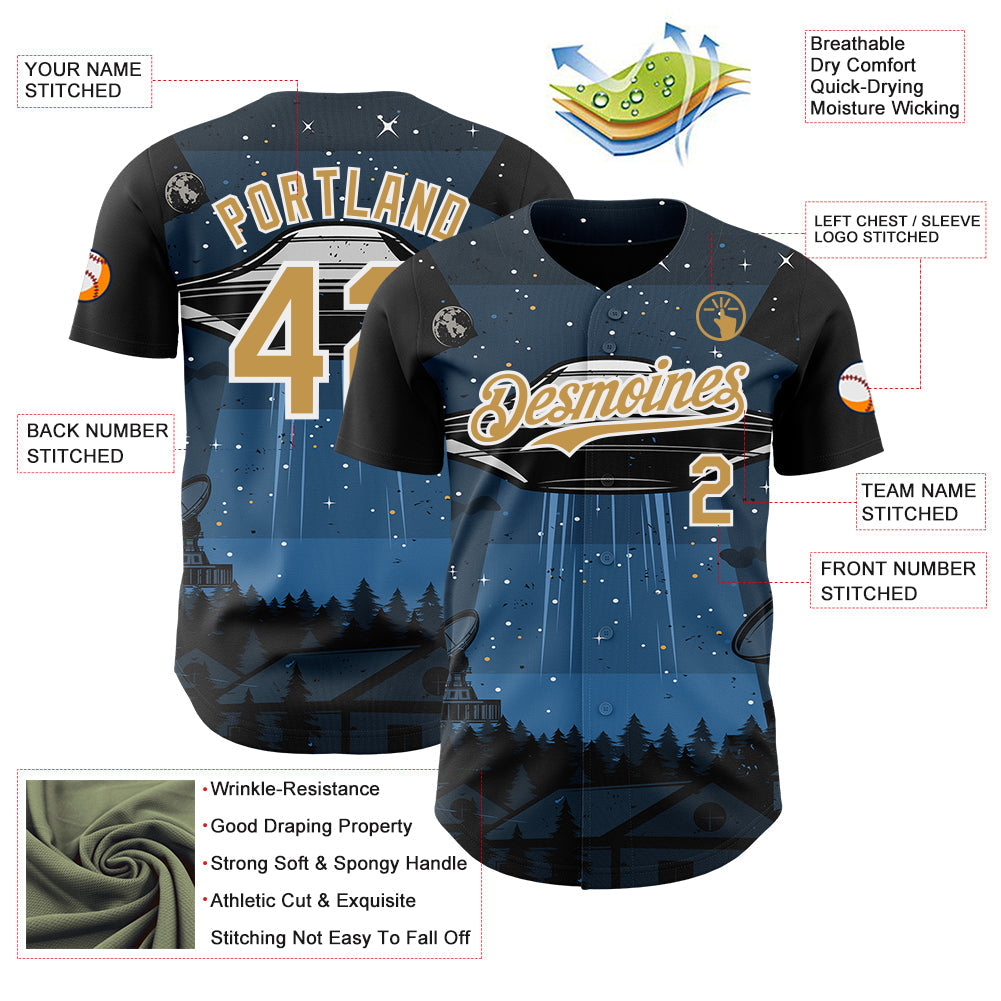 Custom Blue Old Gold Black-White Alien UFO Galaxy Authentic Baseball Jersey view 3