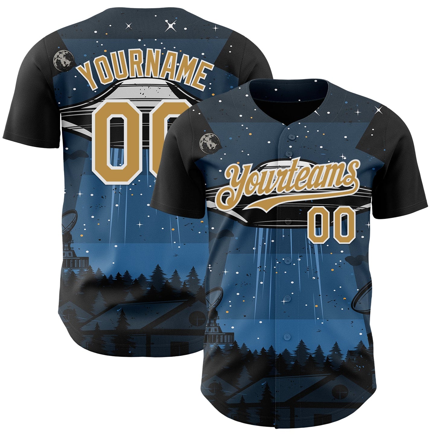 Custom Blue Old Gold Black-White Alien UFO Galaxy Authentic Baseball Jersey - Main View