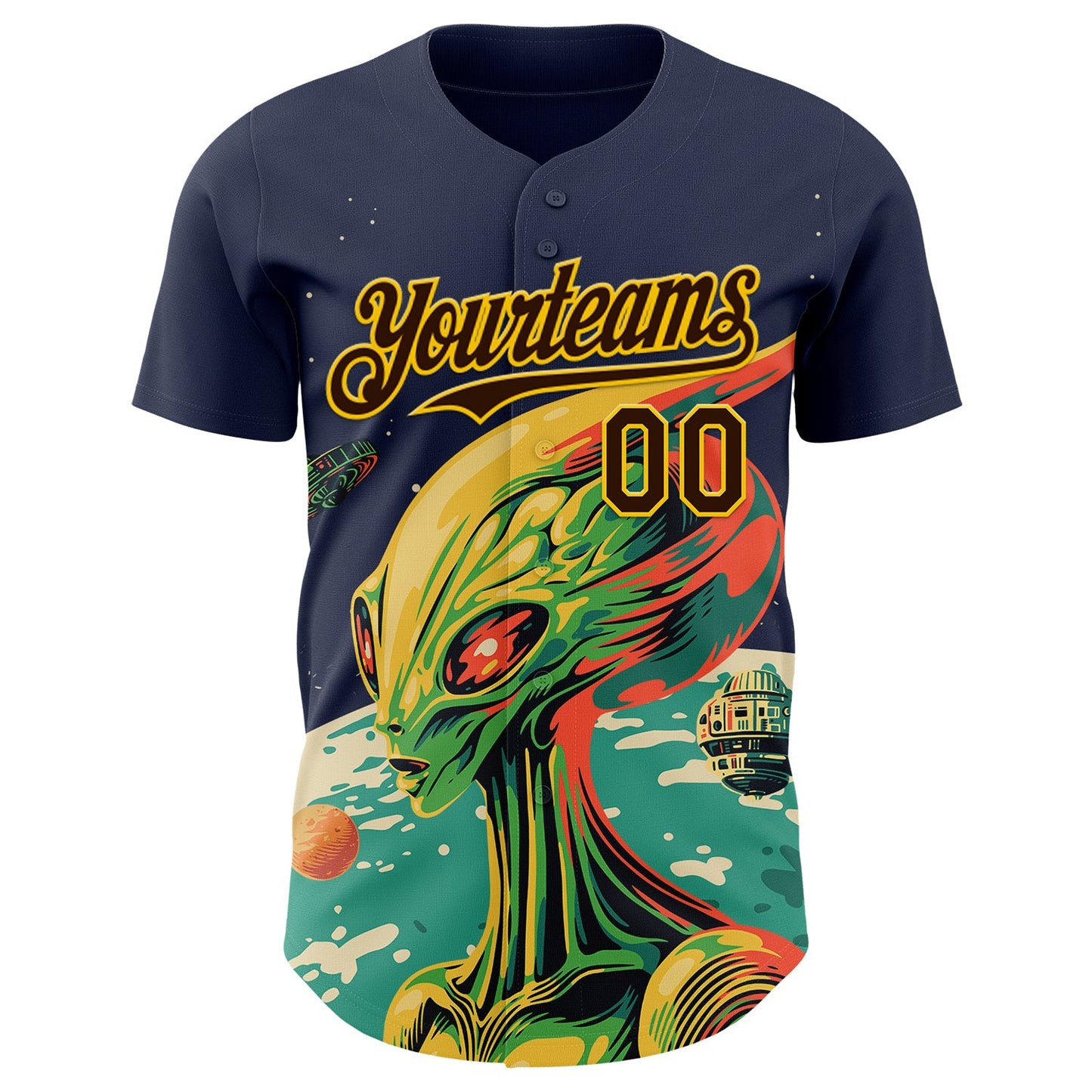Custom Navy Brown-Gold Alien UFO Psychedelic Galaxy Authentic Baseball Jersey view 2