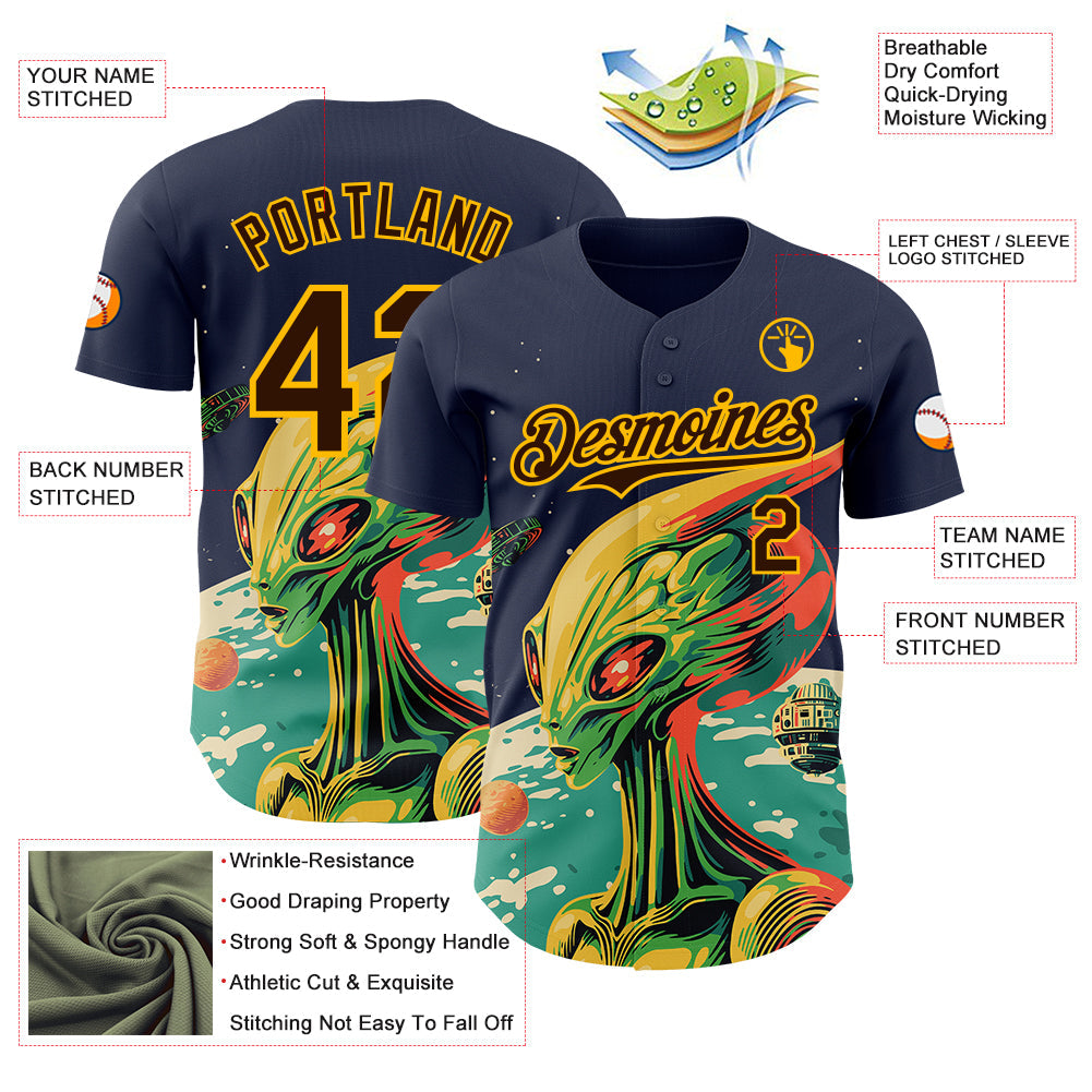 Custom Navy Brown-Gold Alien UFO Psychedelic Galaxy Authentic Baseball Jersey view 3