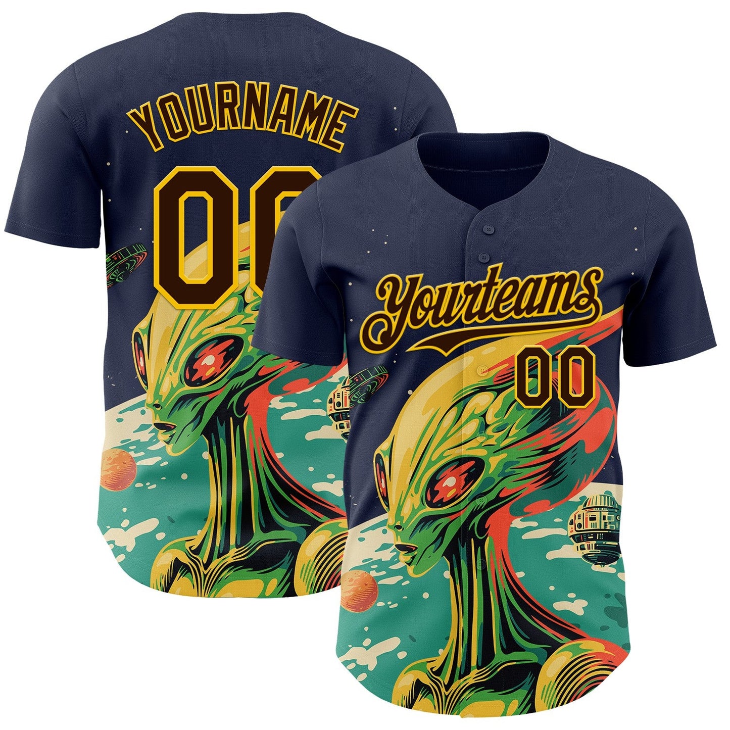 Custom Navy Brown-Gold Alien UFO Psychedelic Galaxy Authentic Baseball Jersey - Main View