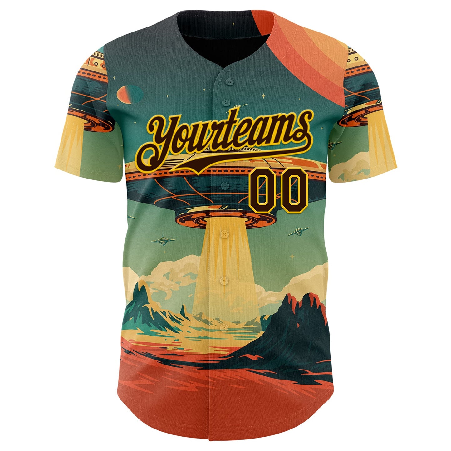 Custom Blue Brown Orange-Gold Alien UFO Galaxy Authentic Baseball Jersey view 2