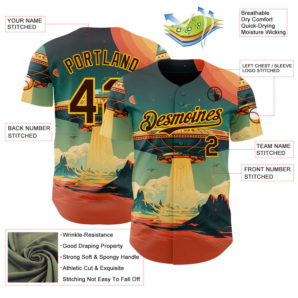 Custom Blue Brown Orange-Gold Alien UFO Galaxy Authentic Baseball Jersey view 3