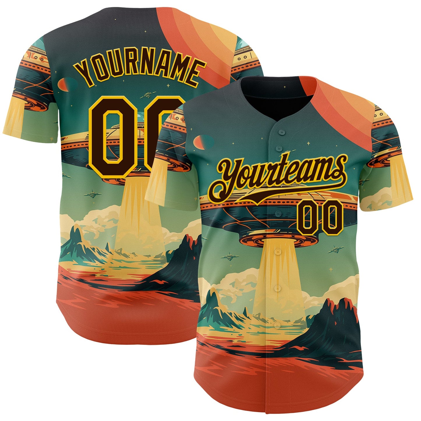 Custom Blue Brown Orange-Gold Alien UFO Galaxy Authentic Baseball Jersey - Main View