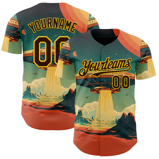 Custom Blue Brown Orange-Gold Alien UFO Galaxy Authentic Baseball Jersey - Main View