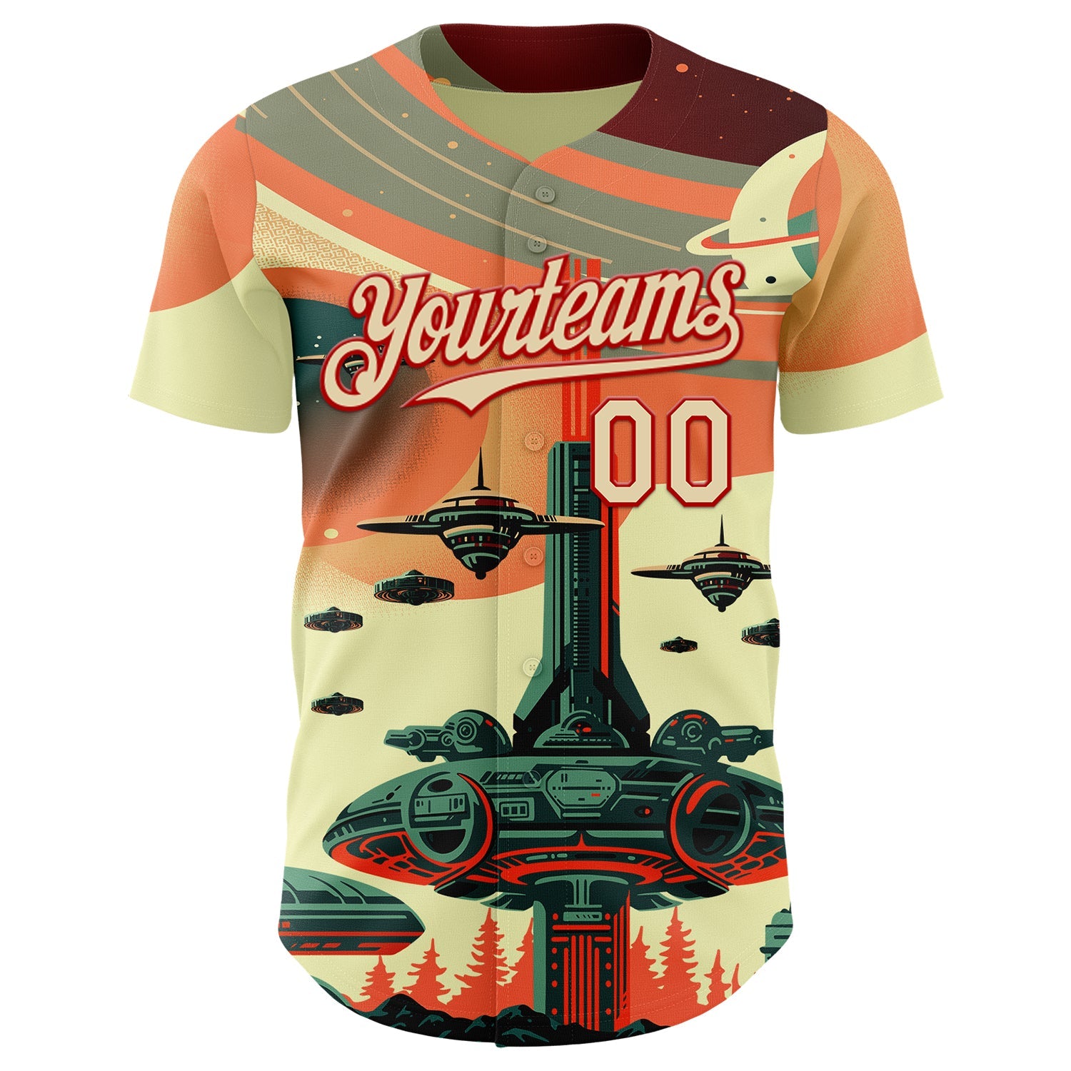 Custom Orange Cream-Red Alien Spaceship Fleet UFO Galaxy Authentic Baseball Jersey view 2