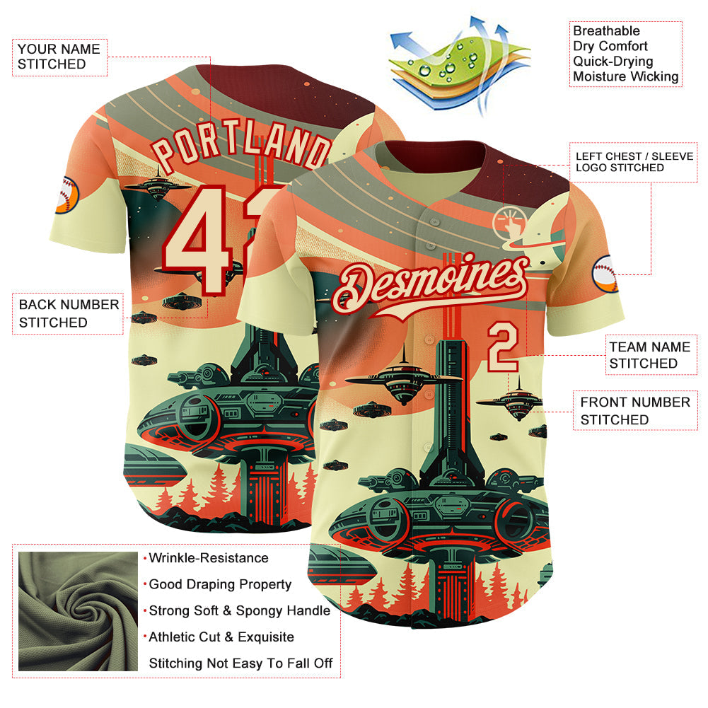 Custom Orange Cream-Red Alien Spaceship Fleet UFO Galaxy Authentic Baseball Jersey view 3