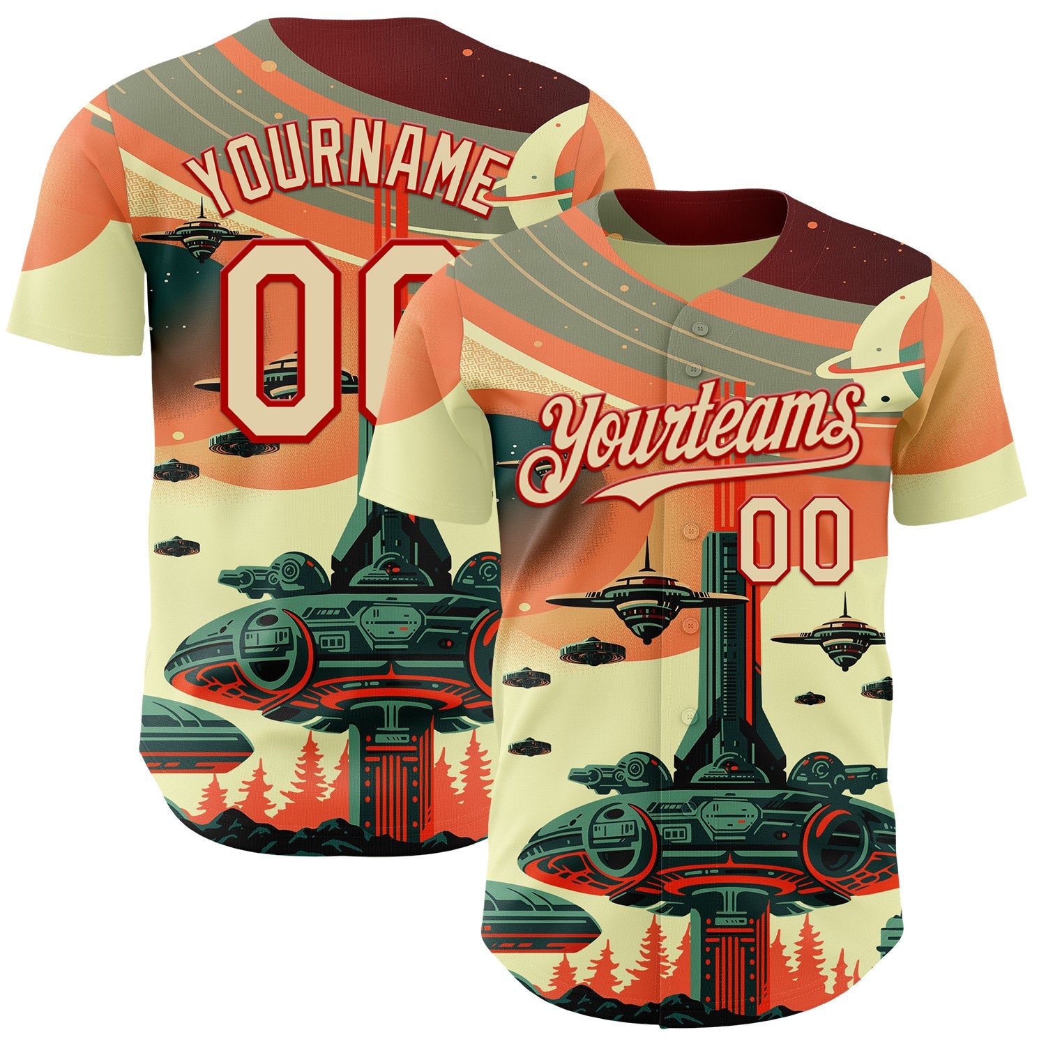 Custom Orange Cream-Red Alien Spaceship Fleet UFO Galaxy Authentic Baseball Jersey - Main View
