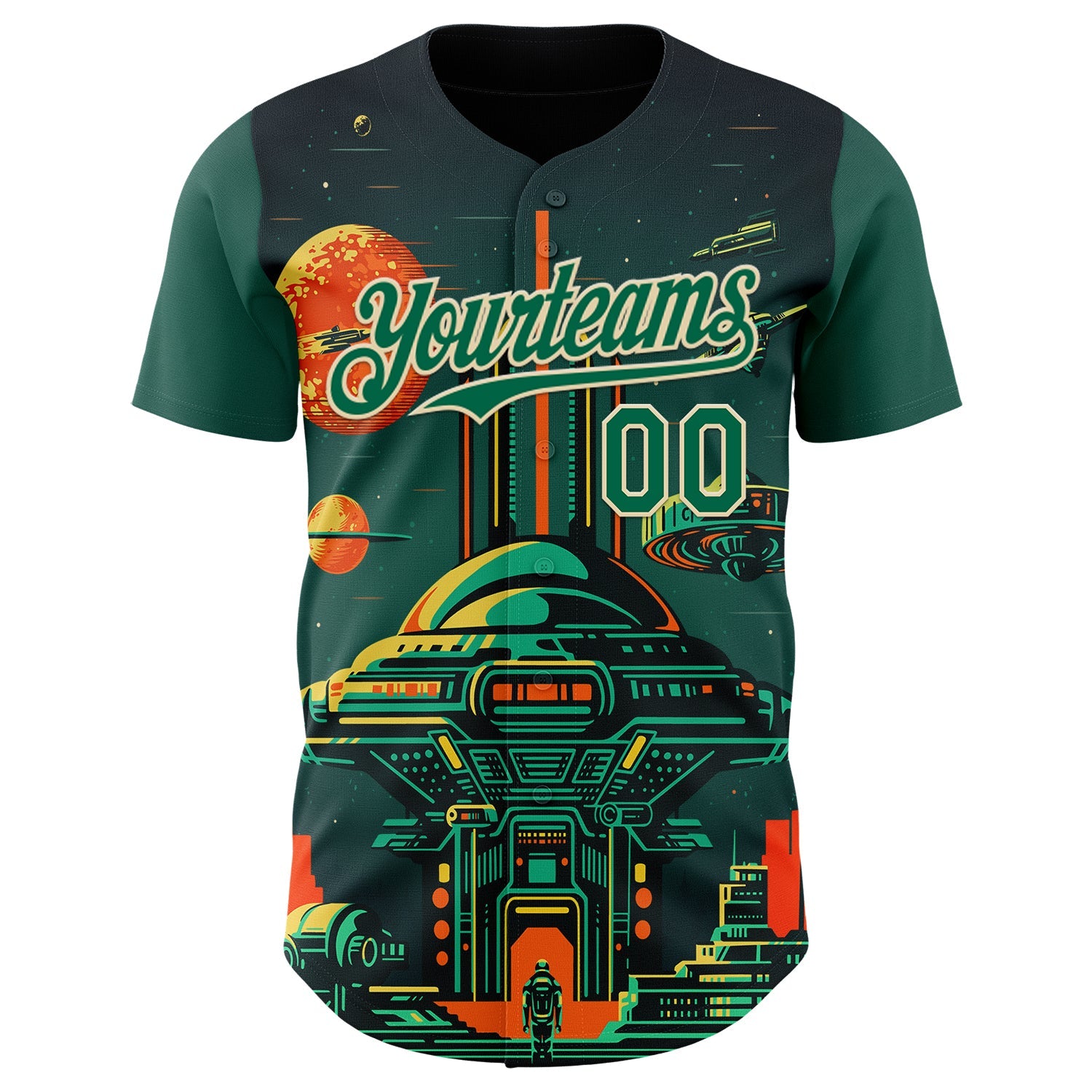 Custom Black Kelly Green-Cream Alien Spaceship Fleet UFO Galaxy Authentic Baseball Jersey view 2