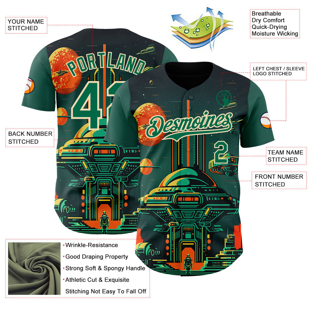 Custom Black Kelly Green-Cream Alien Spaceship Fleet UFO Galaxy Authentic Baseball Jersey view 3