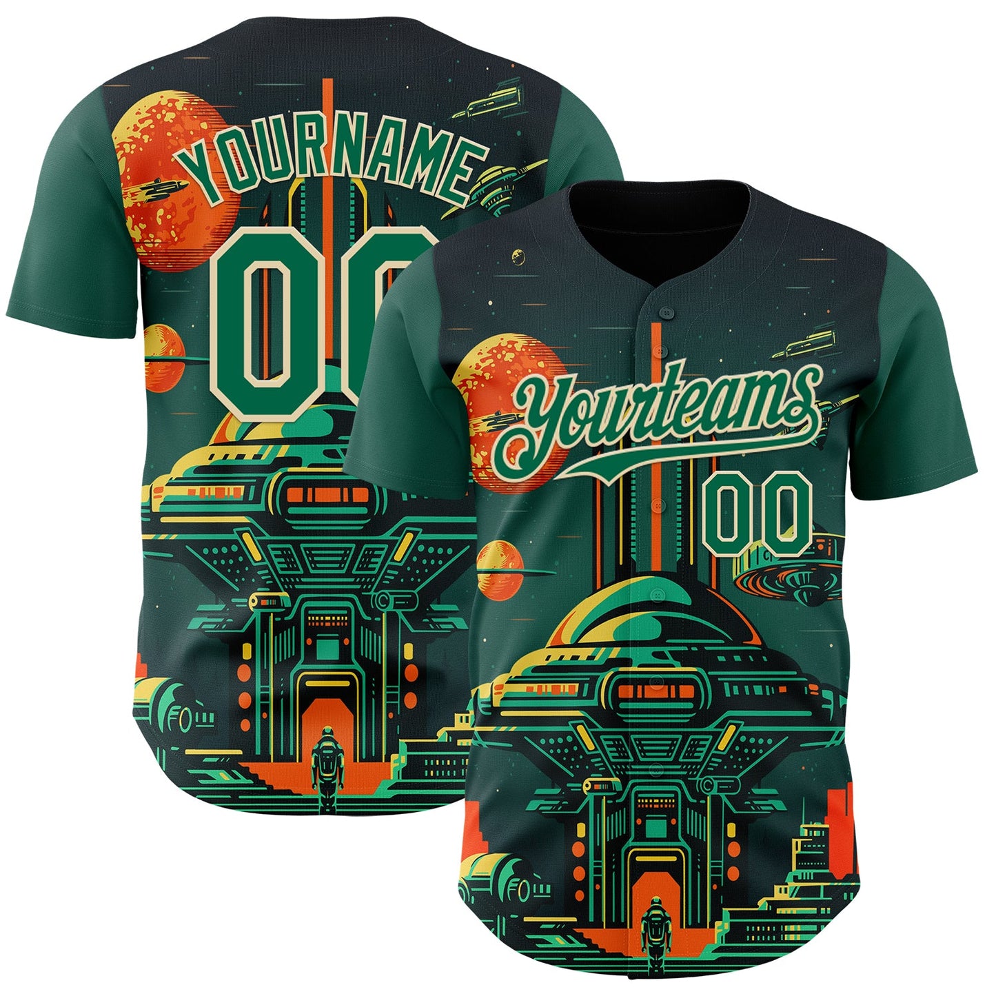 Custom Black Kelly Green-Cream Alien Spaceship Fleet UFO Galaxy Authentic Baseball Jersey - Main View