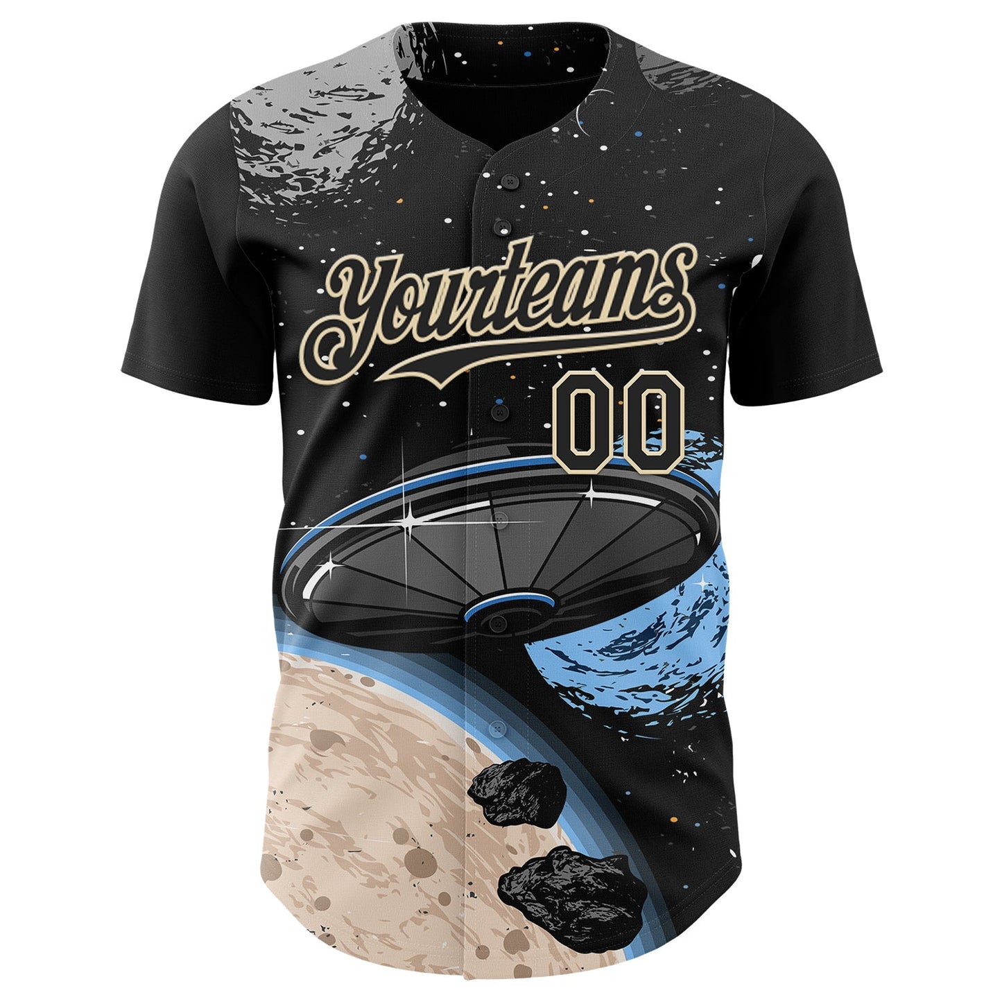 Custom Black Cream Alien Space Meteor UFO Galaxy Authentic Baseball Jersey view 2